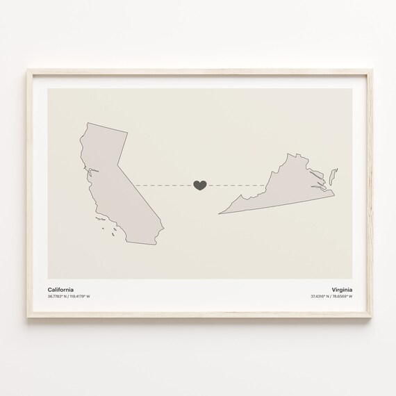 California To Virginia Heart Connected Places Map Art Poster