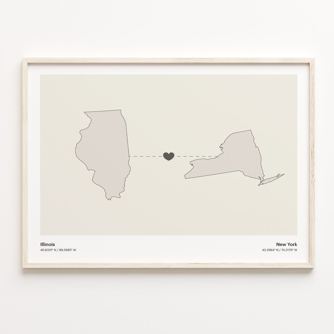 Illinois to New York Minimalist Long Distance Connection Map Poster