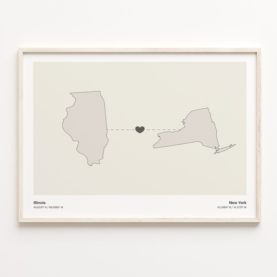 Illinois to New York Minimalist Long Distance Connection Map Poster