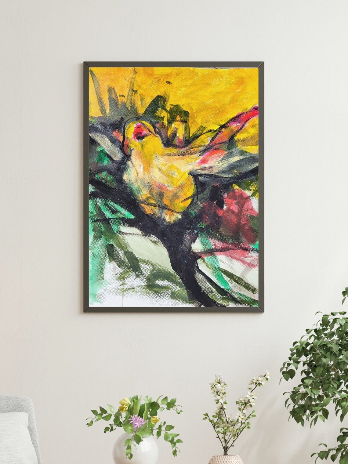 Vibrant Yellow Songbird Expressive Colorful Bird Painting Poster - Image 3