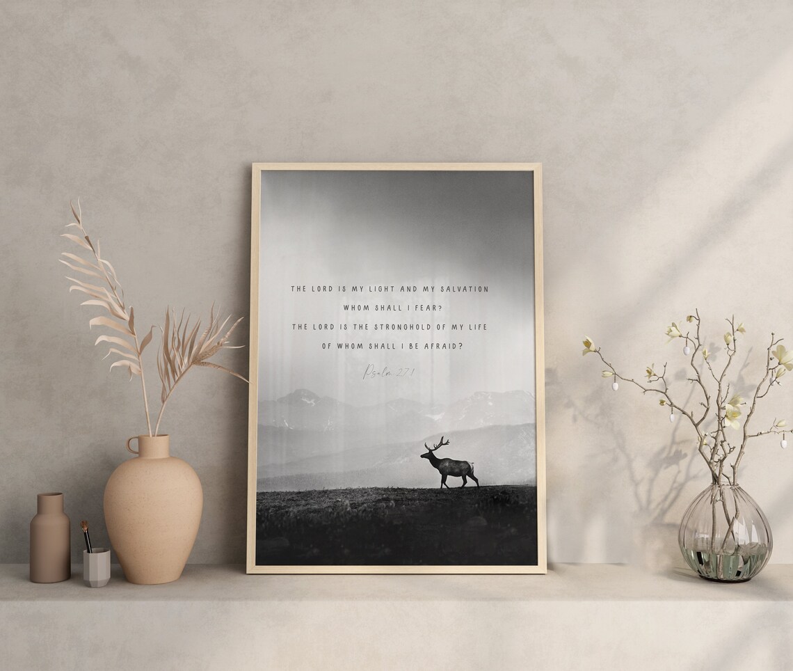 Psalm 27:1 Scripture Deer Silhouette Misty Mountain Bible Verse Wall Art - Image 2