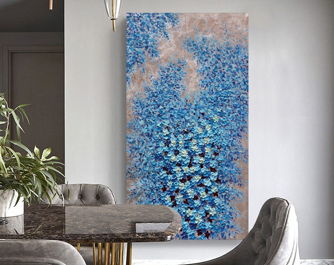 Blue Blossom Flower Wall On Rose Gold Textured Oil Painting Poster