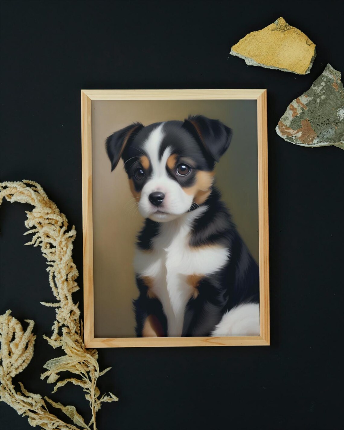 Cute Tricolor Puppy Black White Tan Big Soulful Eyes Portrait Poster