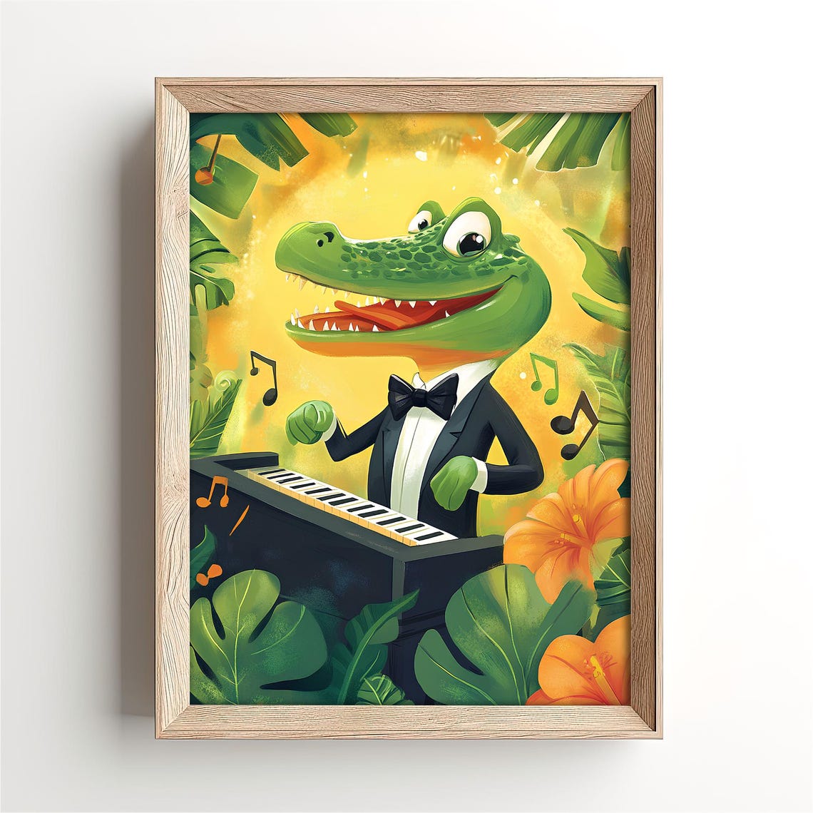 Funny Crocodile Pianist Tuxedo Bow Tie Jungle Music Notes Poster