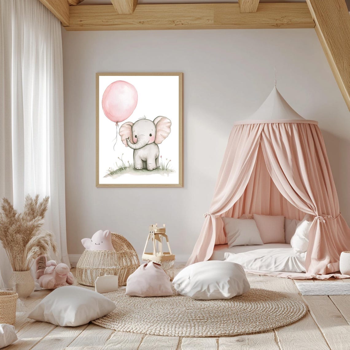 Baby Elephant Holding Pink Balloon Watercolor Nursery Poster - Image 5