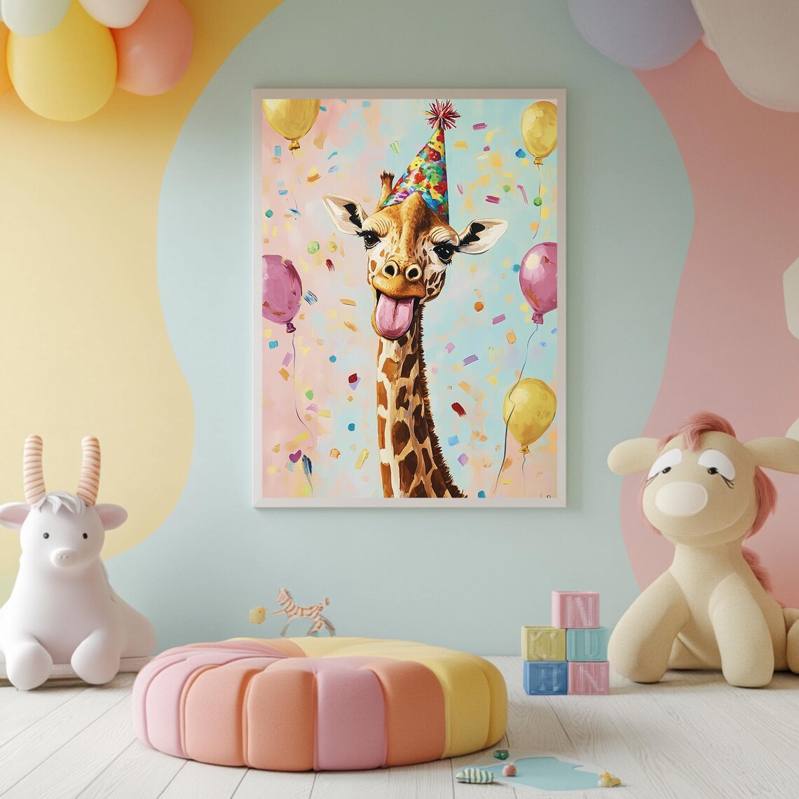 Silly Giraffe Party Hat Tongue Out Balloons Confetti Celebration Poster - Image 2