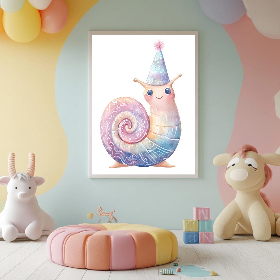 Smiling Snail Wearing Party Hat With Pastel Shell Nursery Poster - Image 2
