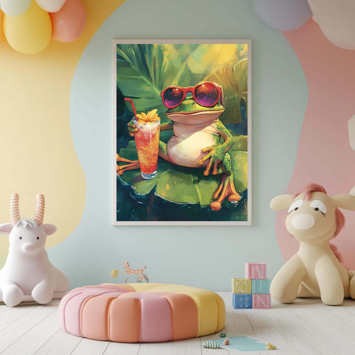 Funny Frog Red Sunglasses Sipping Tropical Cocktail Lily Pad Poster - Image 2