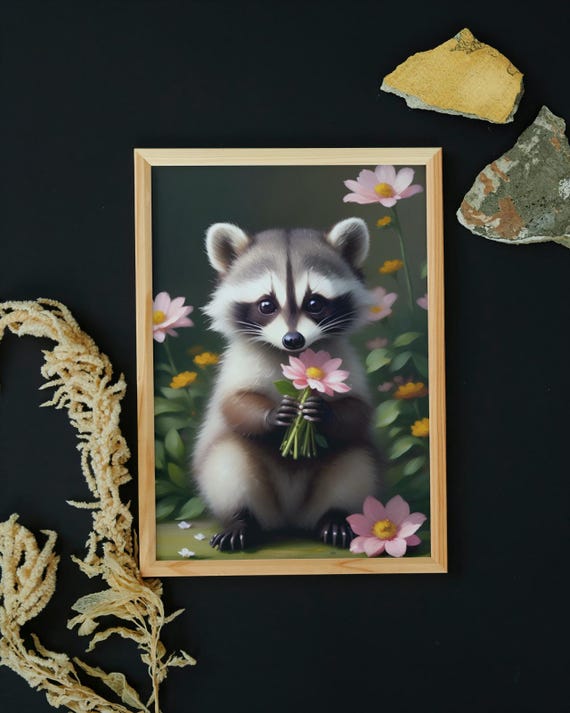 Baby Raccoon Wall Art Home Decor Cute Animal Painting Living Room Art