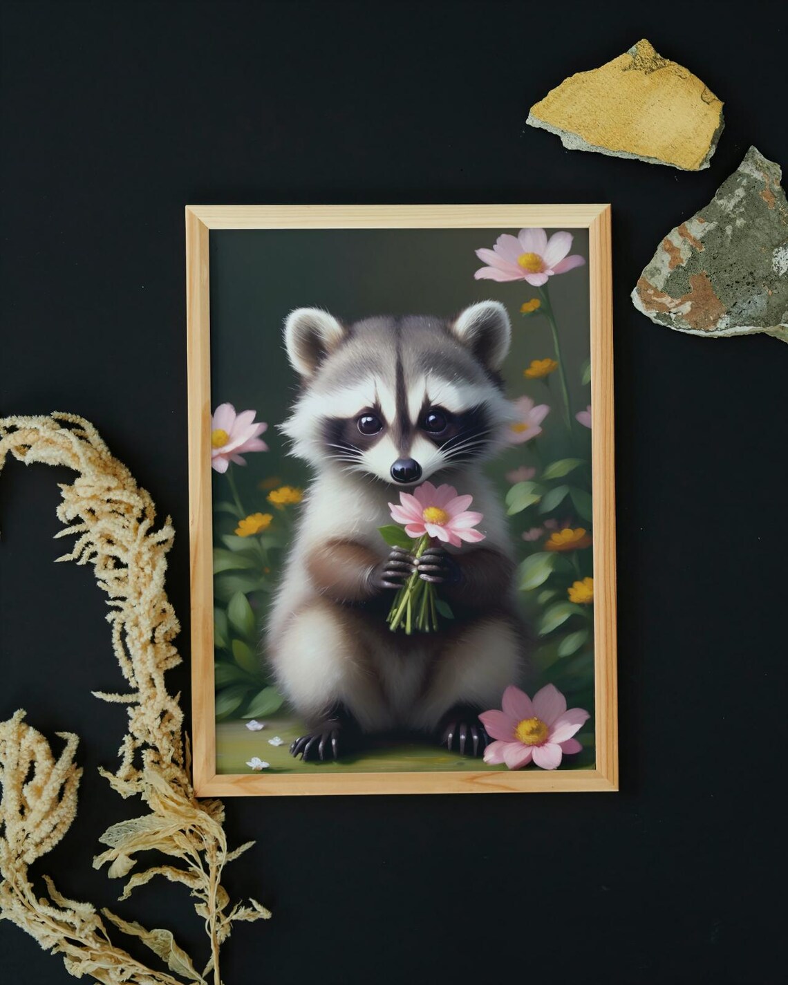 Cute Baby Raccoon Holding Pink Daisy Bouquet Flower Garden Portrait Poster