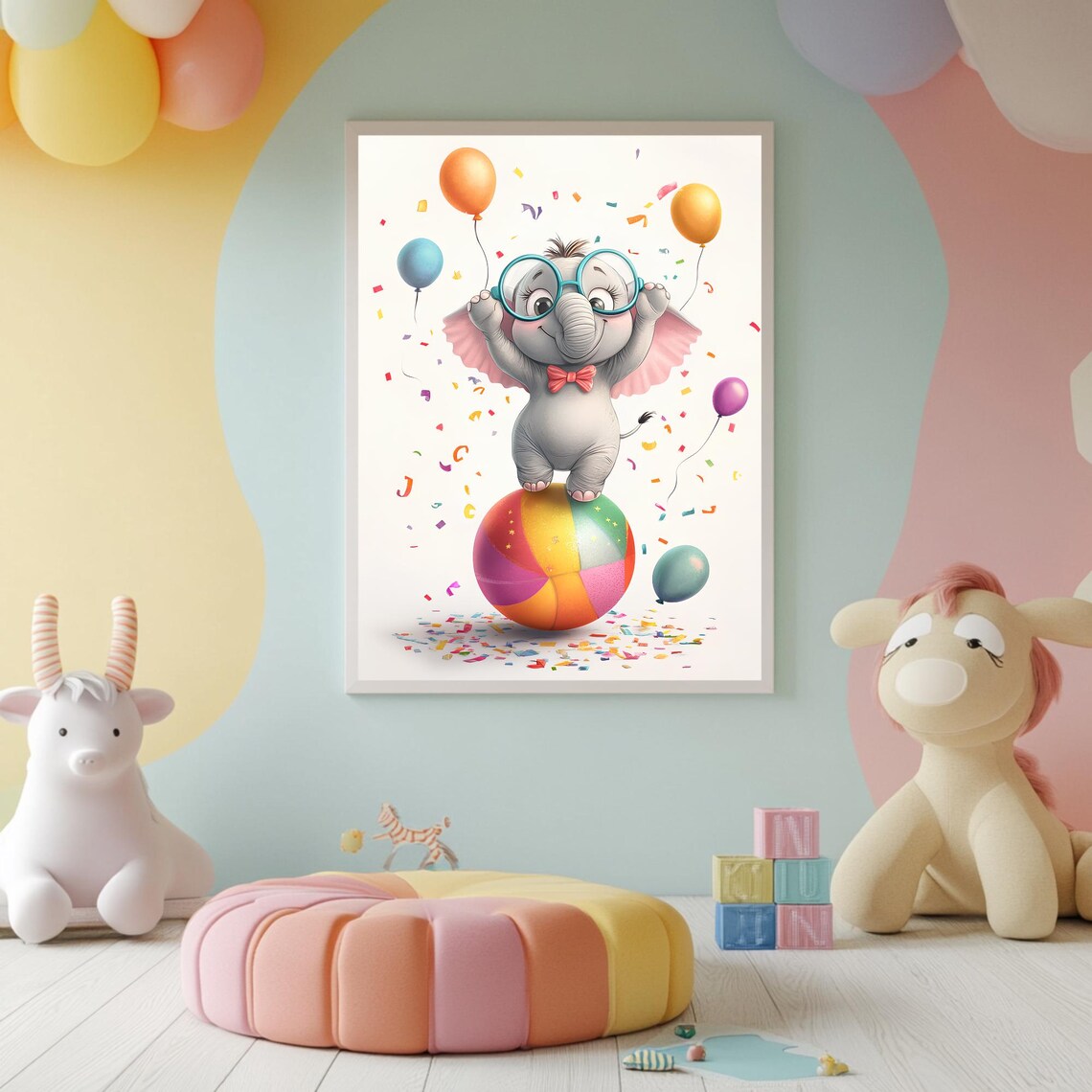 Cute Baby Elephant Glasses Bow Tie Rainbow Circus Ball Party Poster - Image 2