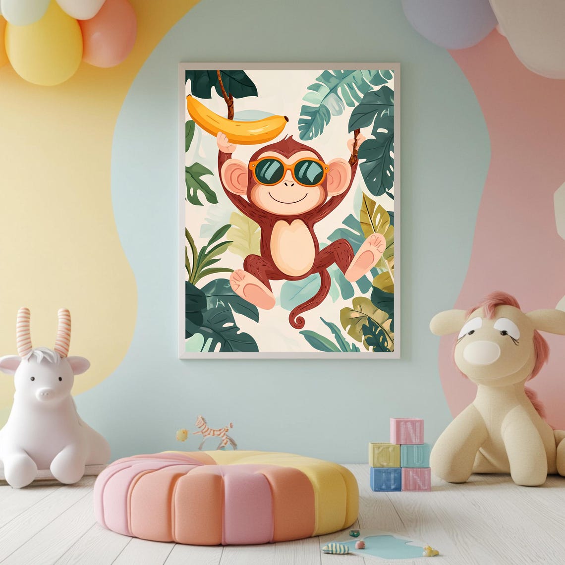 Cool Monkey in Sunglasses Holding a Banana in the Jungle Poster - Image 2