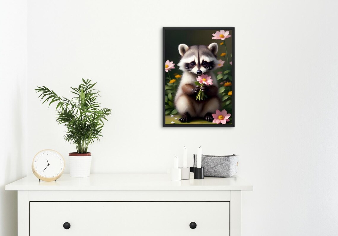 Cute Baby Raccoon Holding Pink Daisy Bouquet Flower Garden Portrait Poster - Image 4
