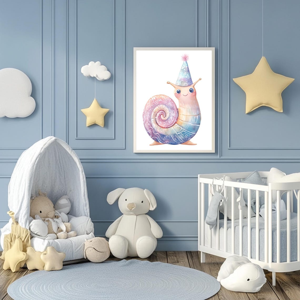 Smiling Snail Wearing Party Hat With Pastel Shell Nursery Poster - Image 3