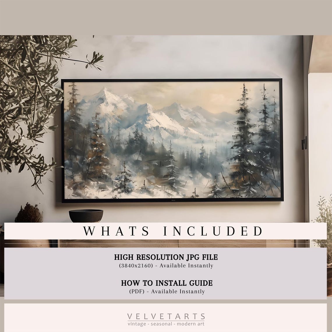 Misty Snow Covered Mountains and Pine Forest Winter Painting Poster - Image 4