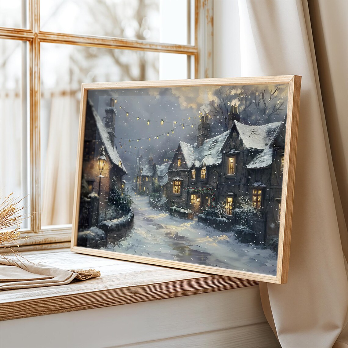 Snowy Village Street Night Glowing Windows Cottage Wall Art Poster - Image 2