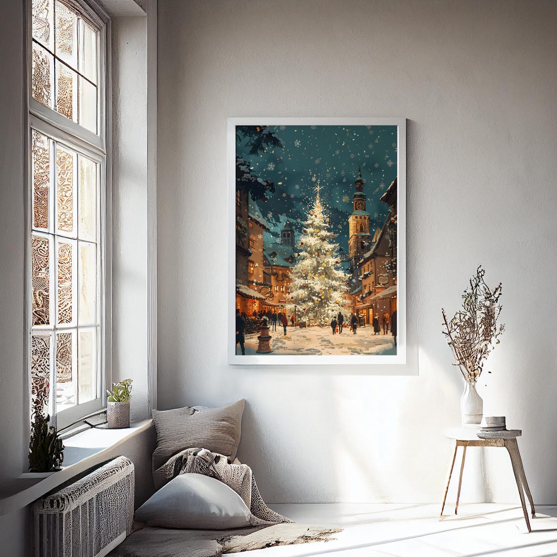 Snowy Christmas Village Square Night Tree Clock Tower Wall Art Print - Image 2