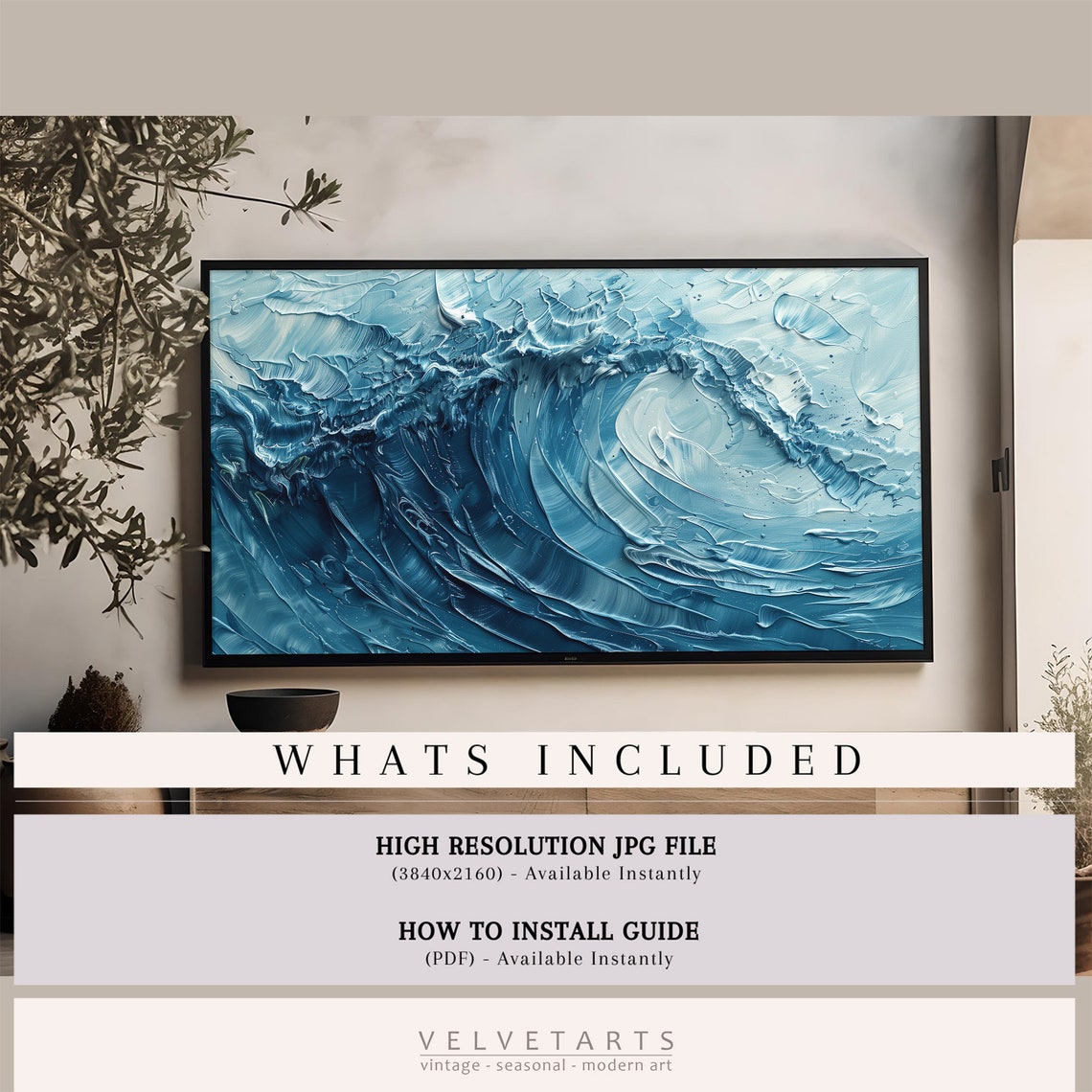 Deep Blue Ocean Swirl Impasto Abstract Wave Painting Wall Art - Image 3