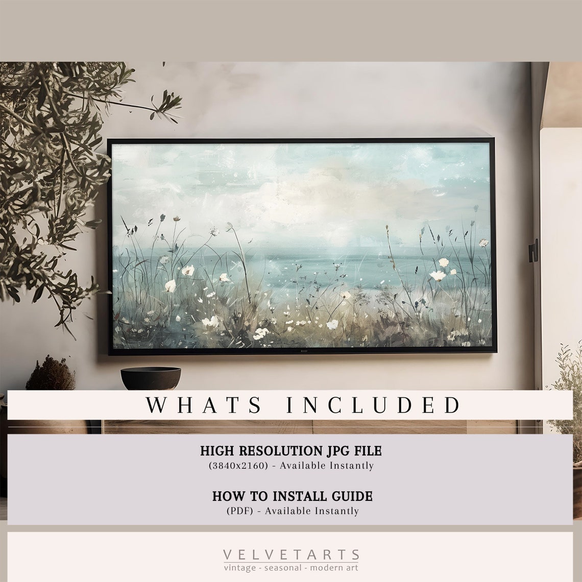 Coastal Wildflowers Muted Seaside Meadow Vintage Painting Wall Art - Image 4
