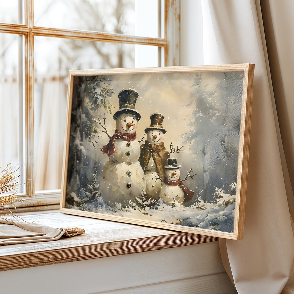 Snowman Family Trio in Top Hats in a Snowy Forest Christmas Poster - Image 2