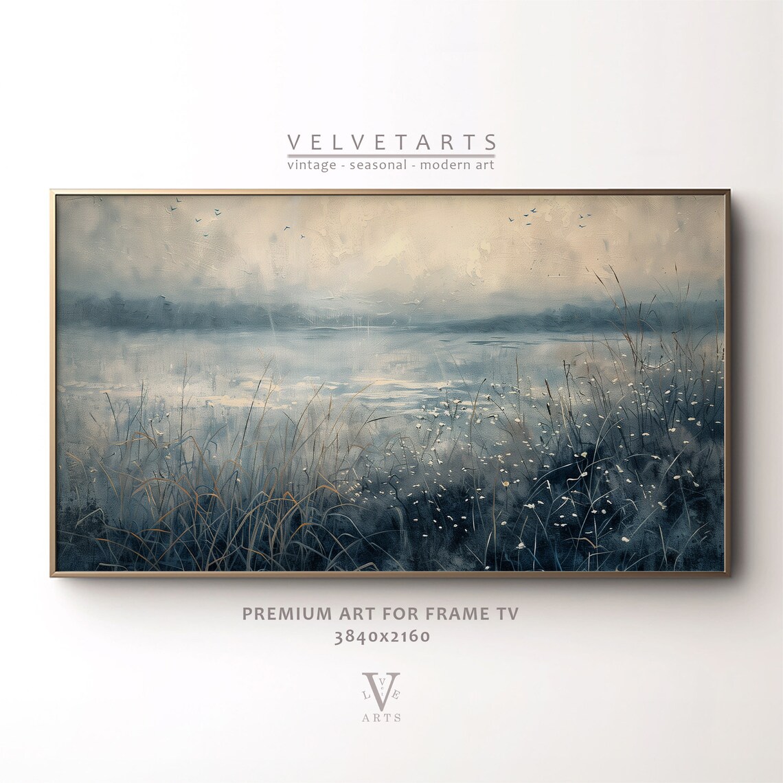 Misty Lake Dawn Wildflower Meadow Vintage Landscape Painting Wall Art