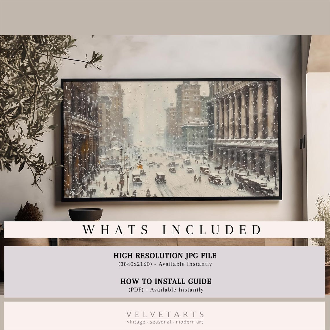 Frame Tv Art Vintage City In A Snowstorm Christmas Decor Winter Festive Painting Farmhouse Art Christmas Tv0176