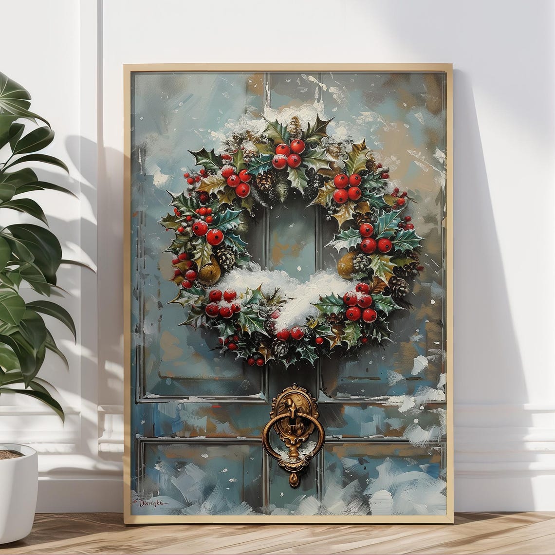 Christmas Wreath Holly Berries Blue Door Knocker Winter Wall Art Print - Image 5