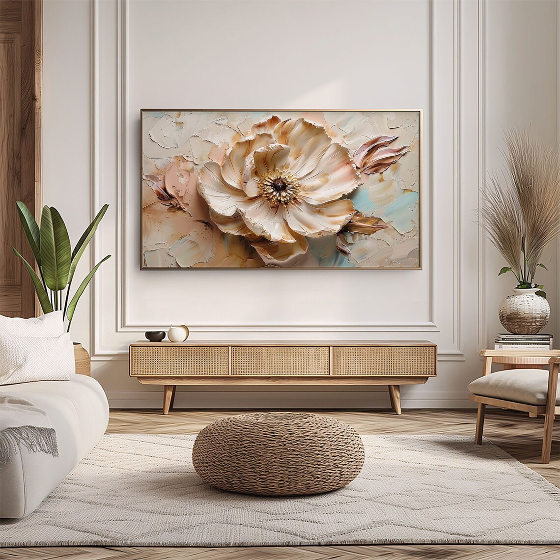 Ivory Peony Golden Center Impasto Floral Textured Painting Wall Art - Image 5