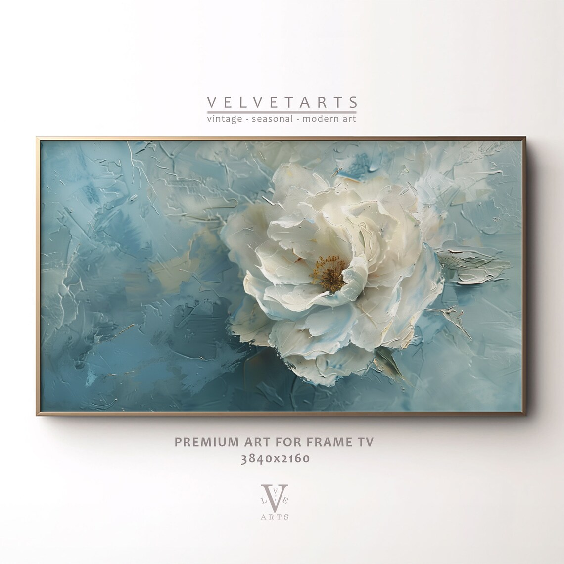 Icy Blue Peony Abstract Floral Textured Botanical Painting Wall Art