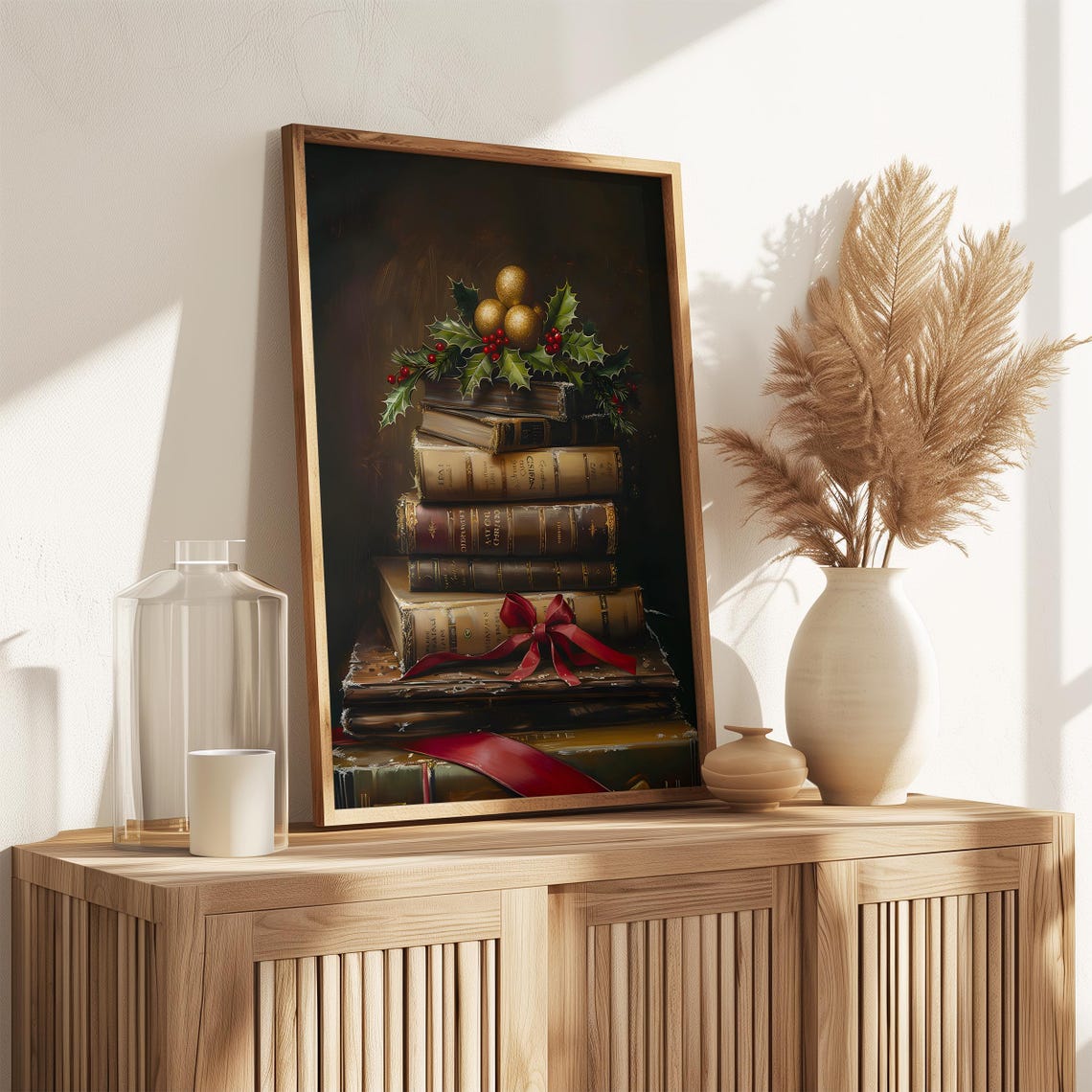 Stack of Antique Books With Holly Berries and Gold Ribbon Poster - Image 3