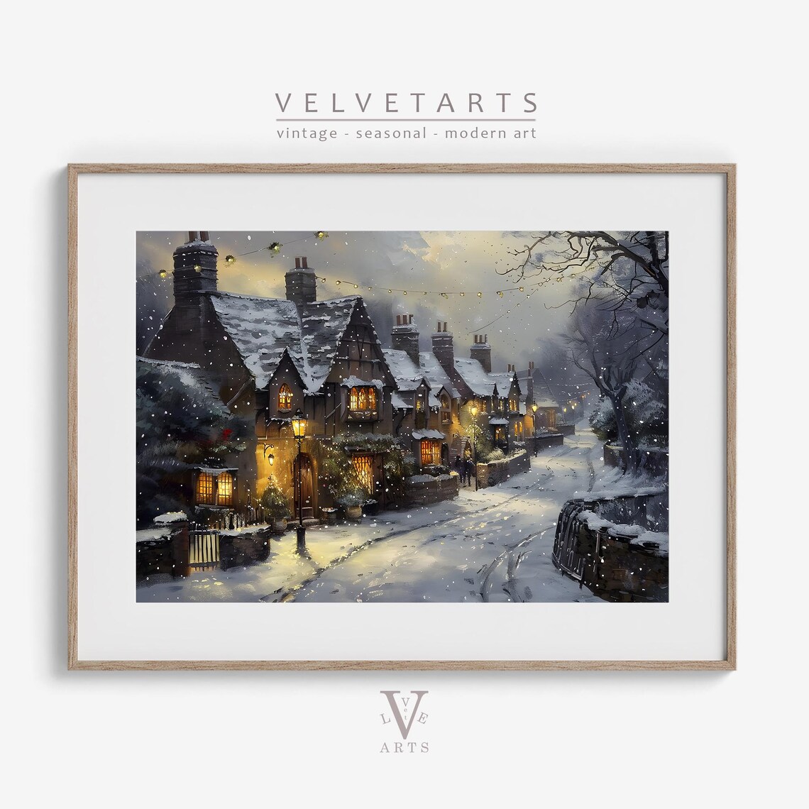Snowy Cottage Street Night Lights Vintage Christmas Wall Art Poster