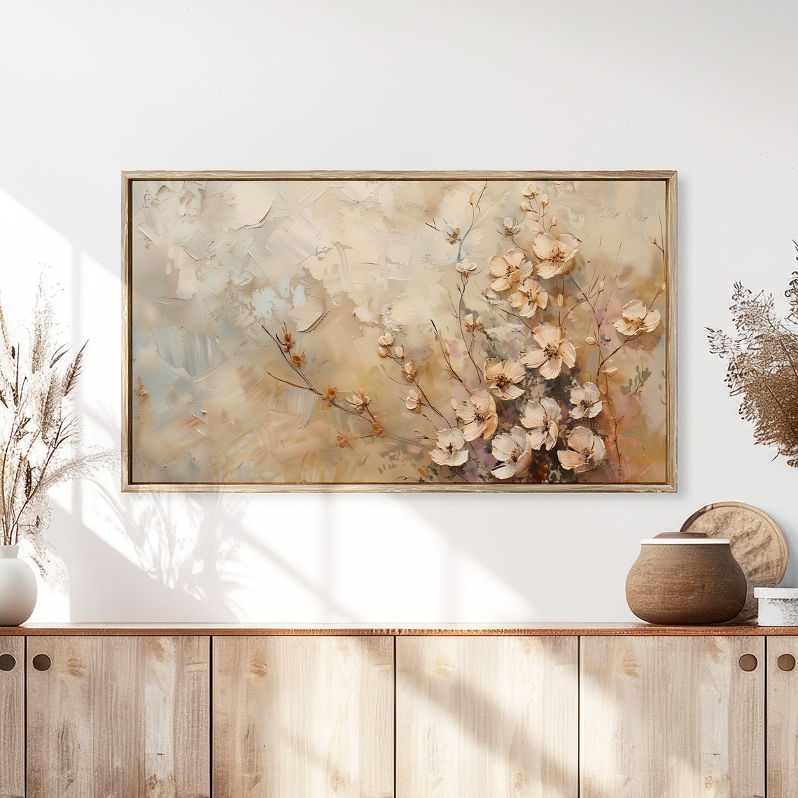 Cream Blossoms Textured Neutral Floral Farmhouse Painting Wall Art - Image 3