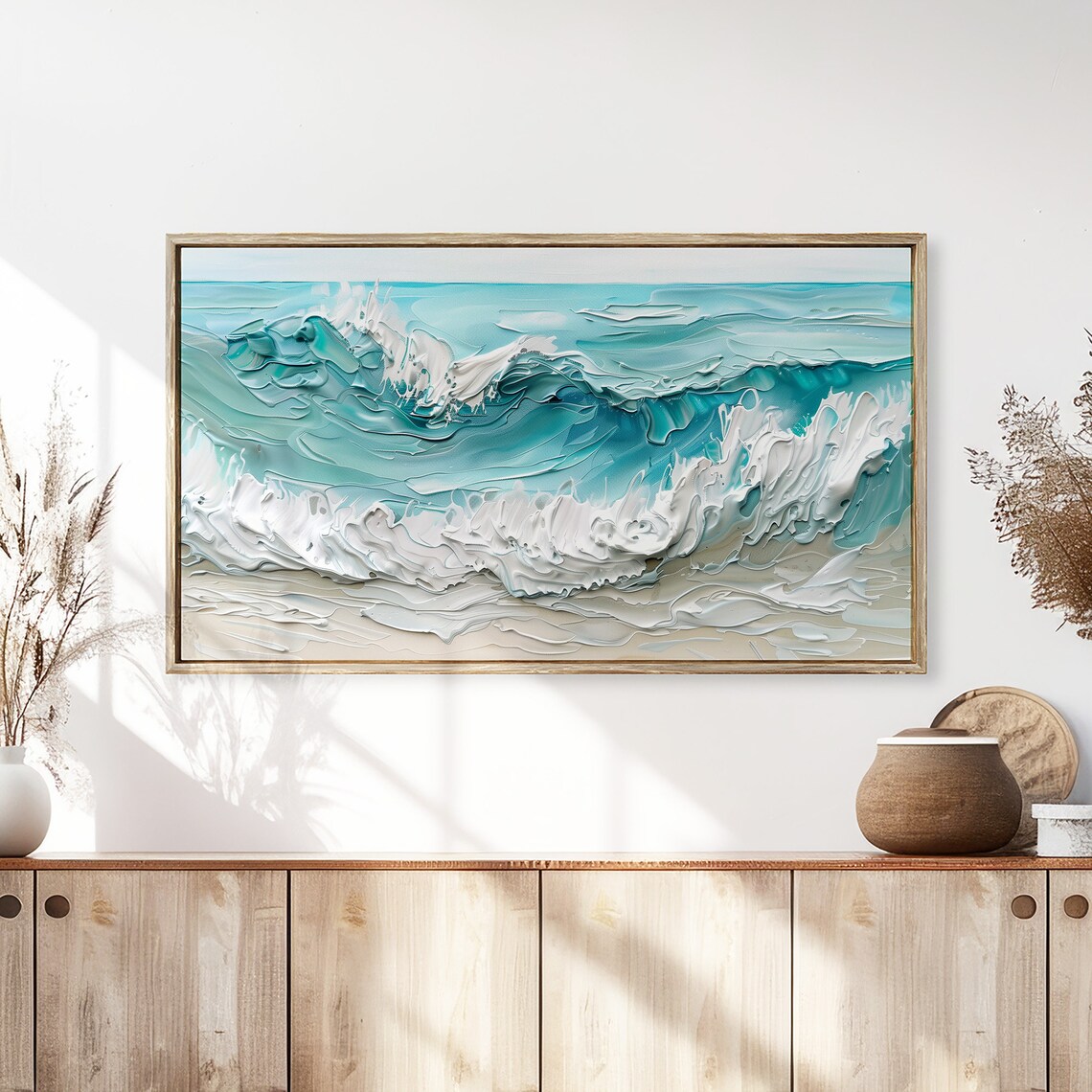 Turquoise Tide Foam Waves Impasto Coastal Beach Painting Poster - Image 3