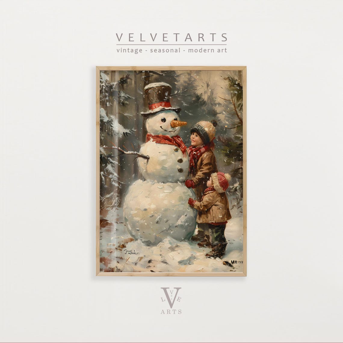 Snowman And Companions Vintage Painting Christmas Print Farmhouse Christmas Christmas Wall Art Vp0129