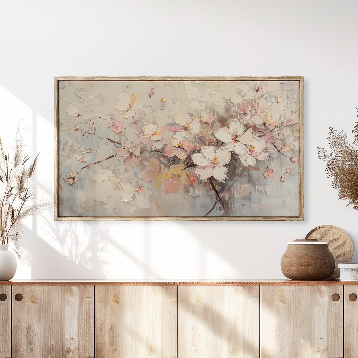 Cherry Flowers Blush White Textured Botanical Spring Painting Poster - Image 3