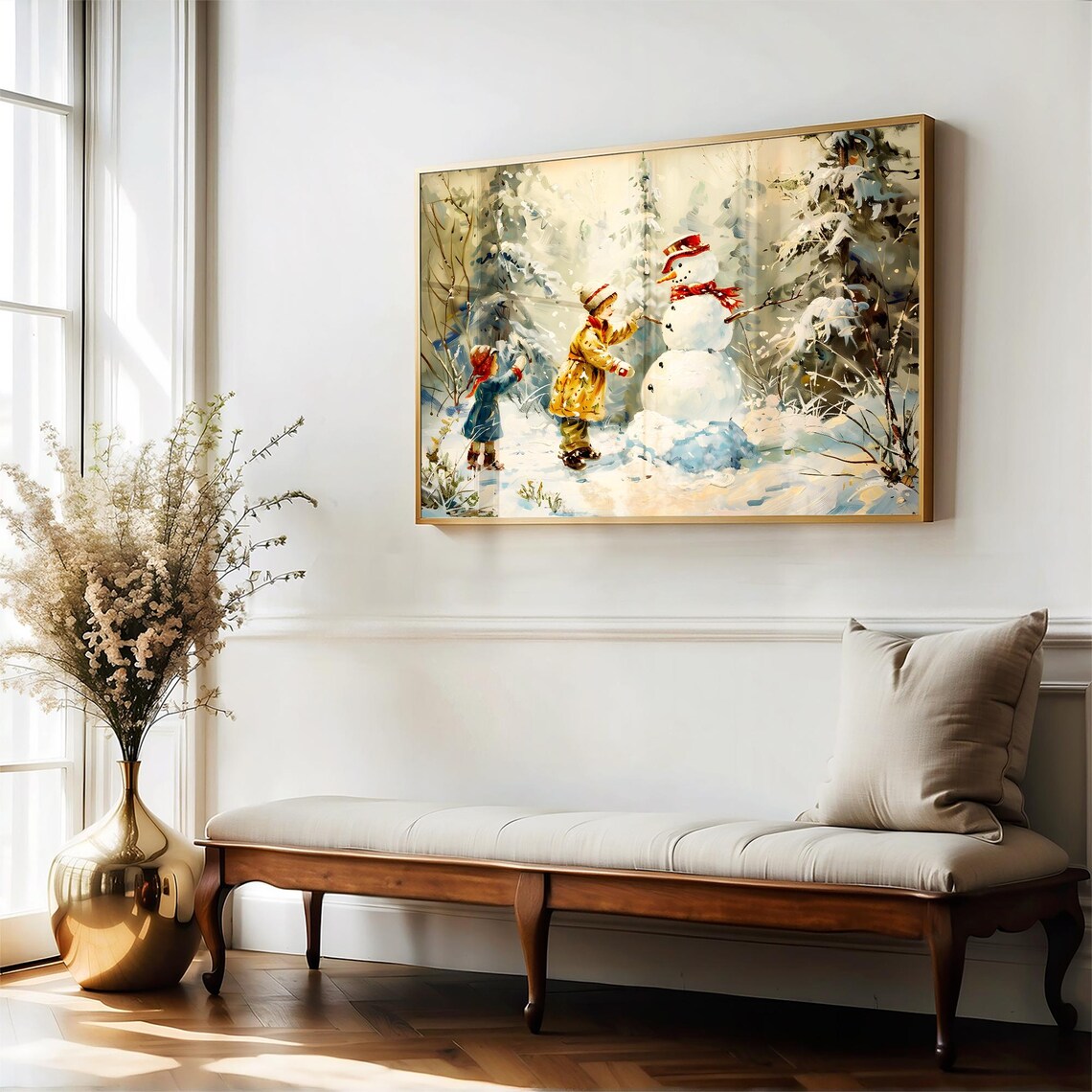 Children Building Snowman in Snowy Woods Vintage Christmas Poster - Image 4