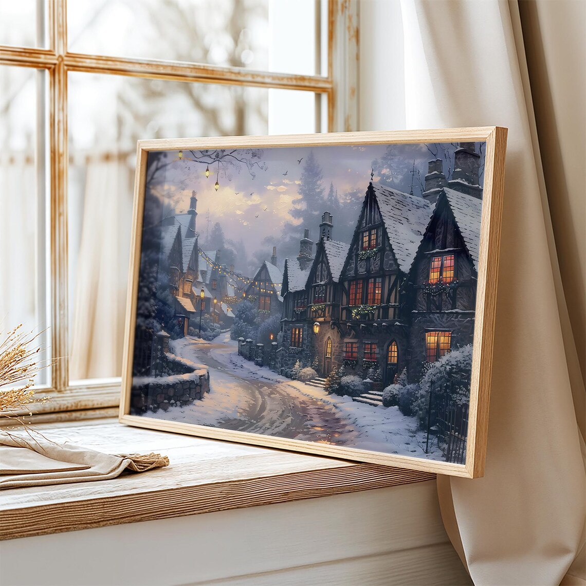 Twilight Snowy Village Tudor Cottages Glowing Windows Wall Art Print - Image 2