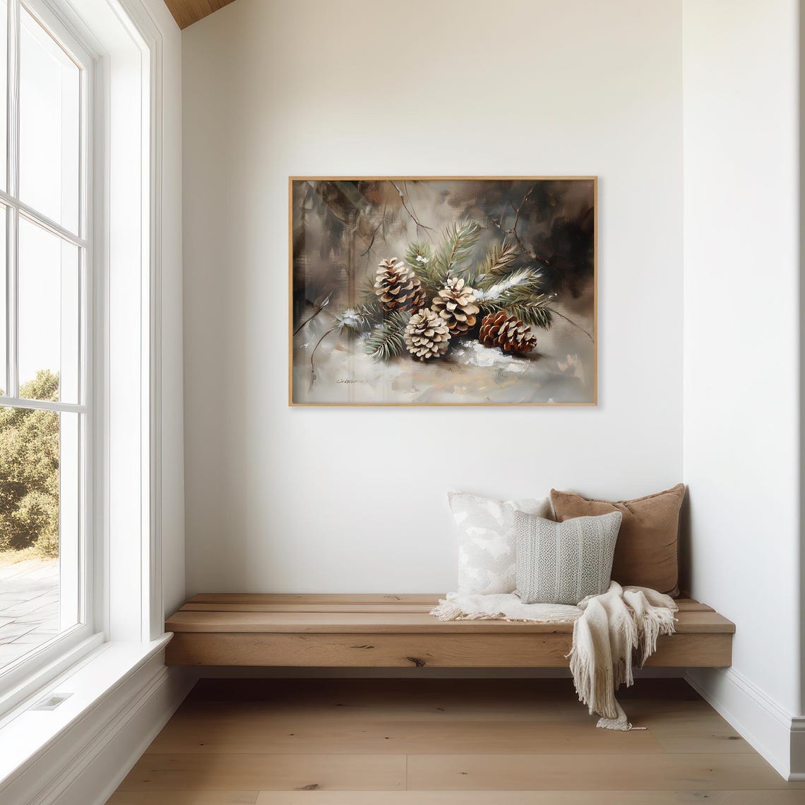 Frosted Pinecones Evergreen Branches Neutral Winter Wall Art Poster - Image 3