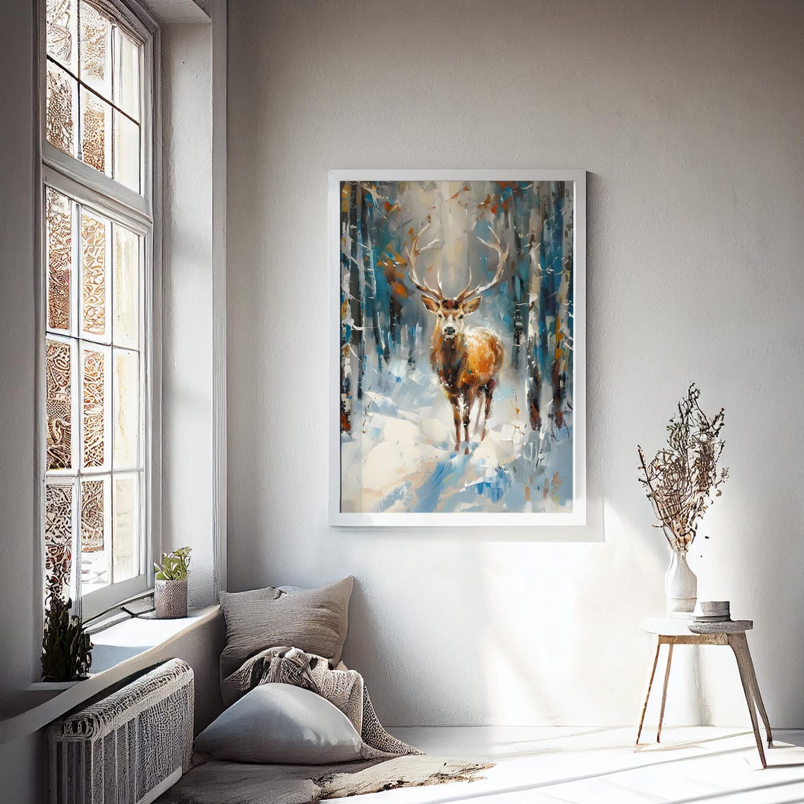 Majestic Stag in a Snowy Winter Forest Vintage Painting Wall Art - Image 2