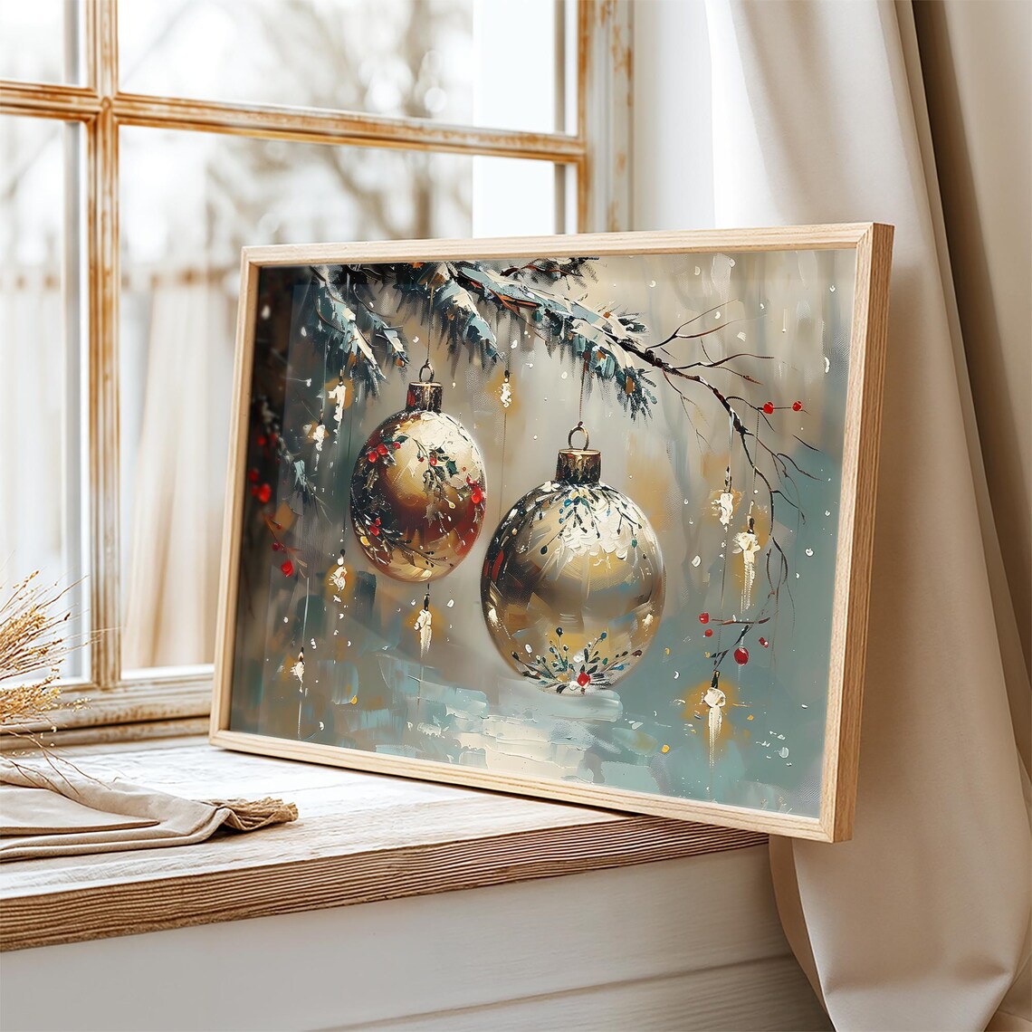 Golden Christmas Ornaments Hanging From Snowy Branch Art Poster - Image 2