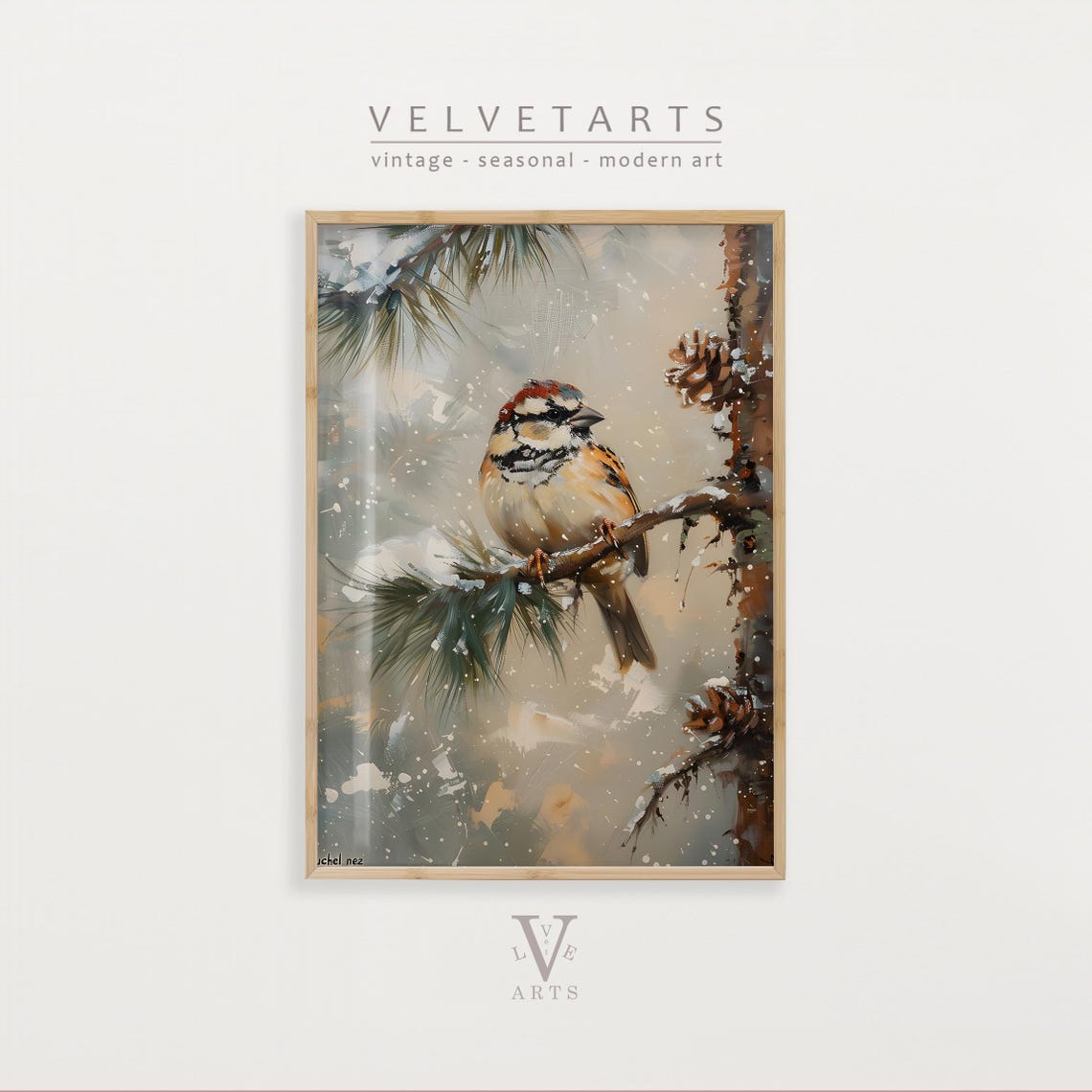 Winter Sparrow on Snowy Pine Branch Vintage Bird Painting Wall Art