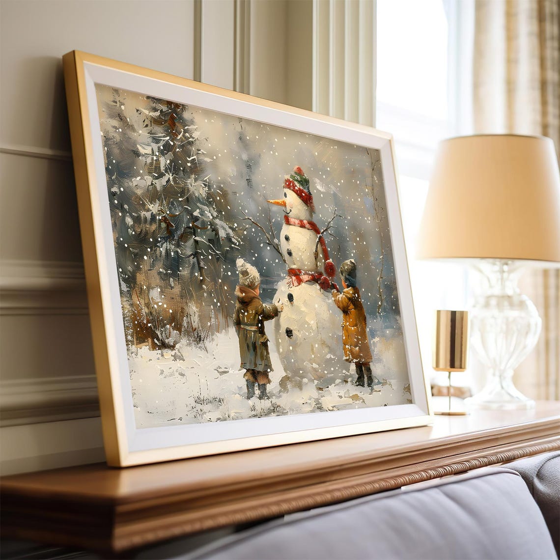 Children Building Snowman Snowfall Winter Scene Vintage Wall Art Print - Image 4
