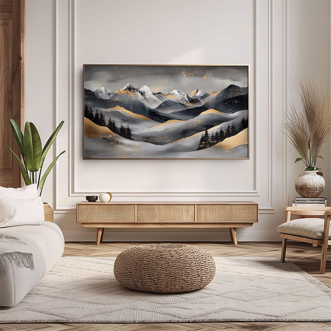 Golden Snowy Mountain Peaks and Pine Forest Abstract Wall Art - Image 4