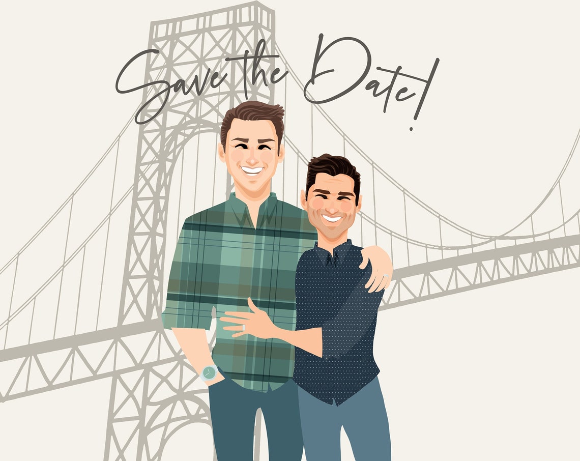 Custom Illustrated Save the Date Card Couple Bridge Scene Poster - Image 6