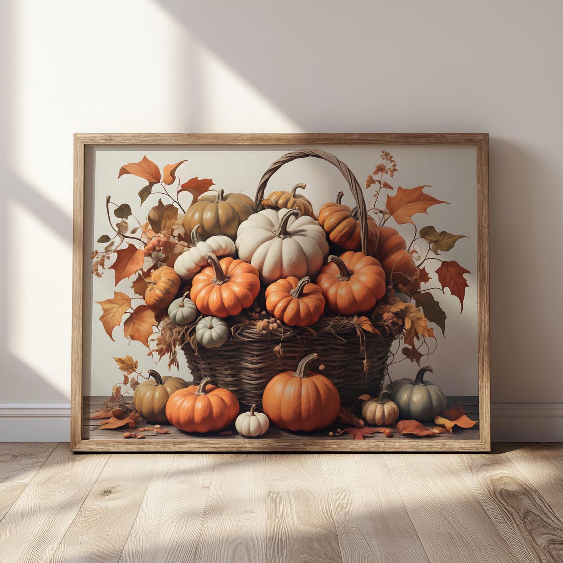 Pumpkin Basket Overflowing Harvest Autumn Leaves Fall Art Poster