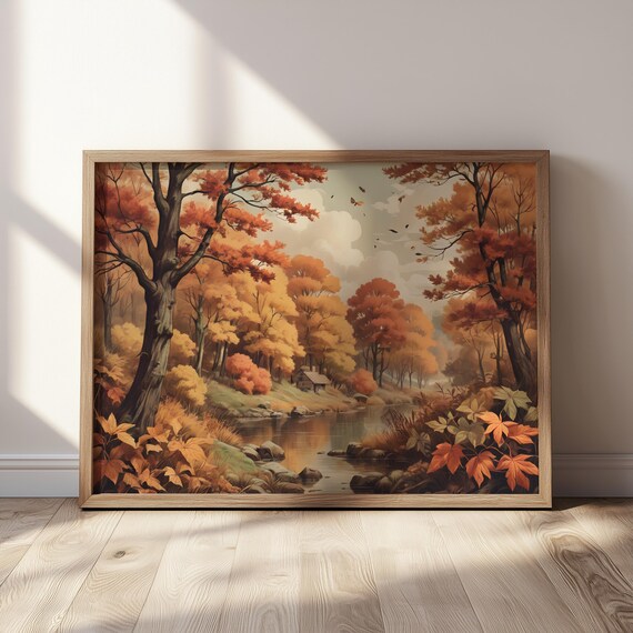 Golden Autumn Forest by the River Poster Rustic Fall Landscape Nature Decor