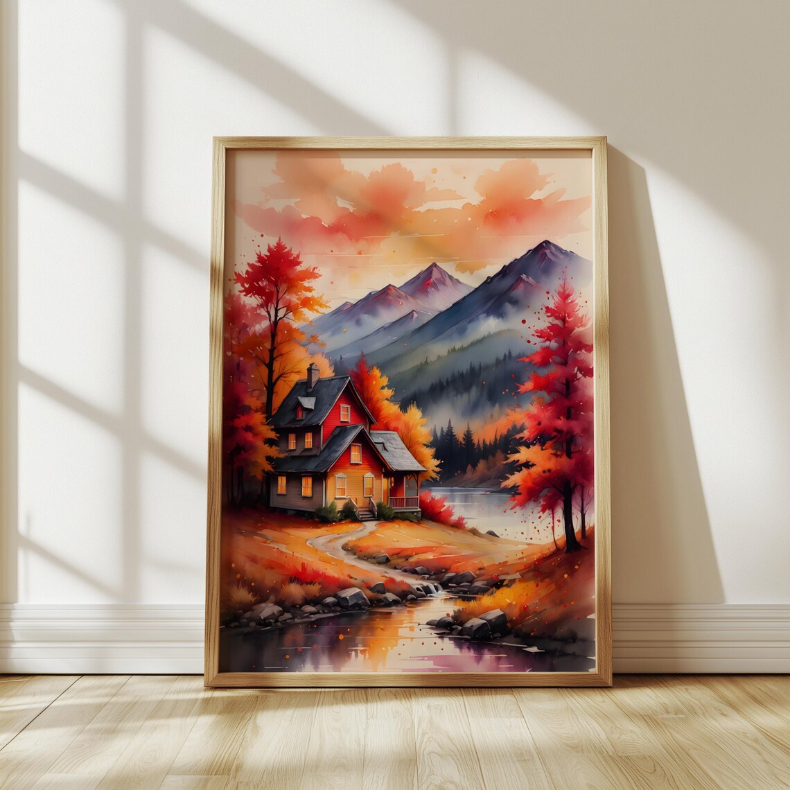 Red Cabin by Autumn River Watercolor Poster Fall Foliage Mountain Stream Art