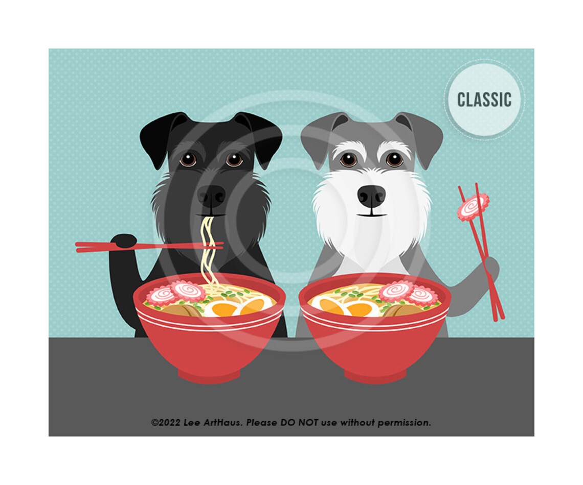 792dp Dog Art Two Schnauzer Dogs Eating Ramen Noodles Wall Art Schnauzer Decor Ramen Art Dog Portrait Pet Drawing Foodie Print