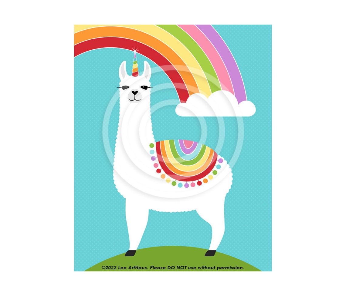 Llamacorn With Rainbow Blanket Under a Rainbow Kids Art Poster