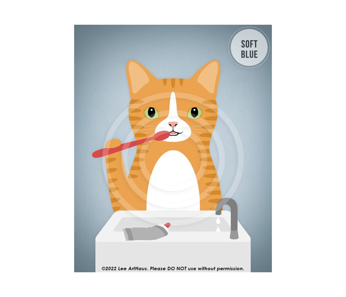 Orange Tabby Cat Brushing Teeth At Bathroom Sink Funny Art Poster - Image 2